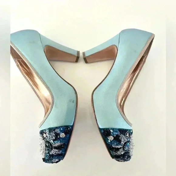 Miss Albright Bijou Teal Blue Satin & Beaded Sequin Rhinestone Cap Toe Heels - Picture 6 of 16